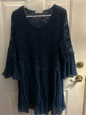 Indigo Soul Boho Mini Dress Size XL Lace &  Bell Sleeves
